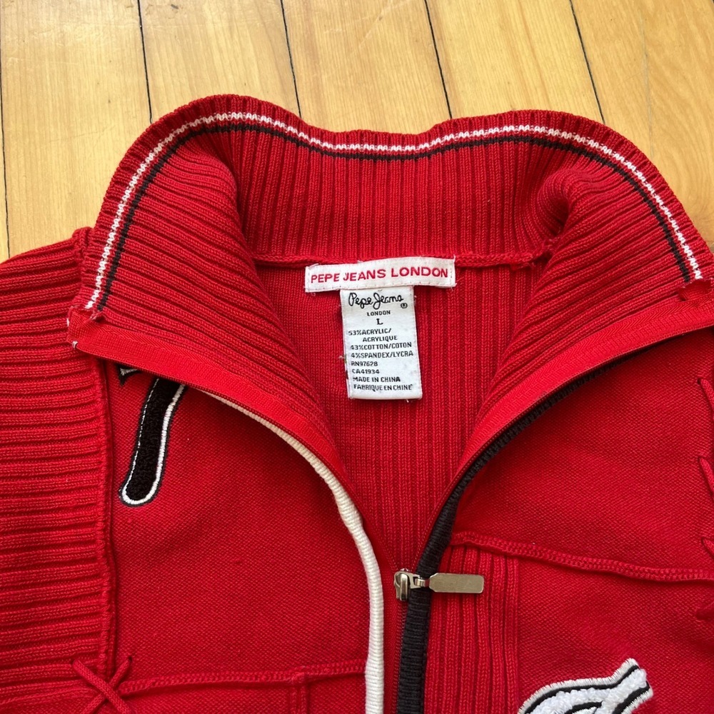 Pepe Jeans London Red Patchwork Full Zip Varsity Sweater Womens Large Vtg Y2K - Picture 3 of 9